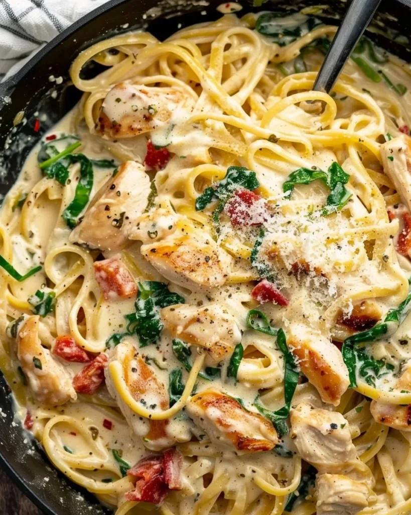 Creamy Tuscan-Style Chicken Pasta with vegetables and herbs