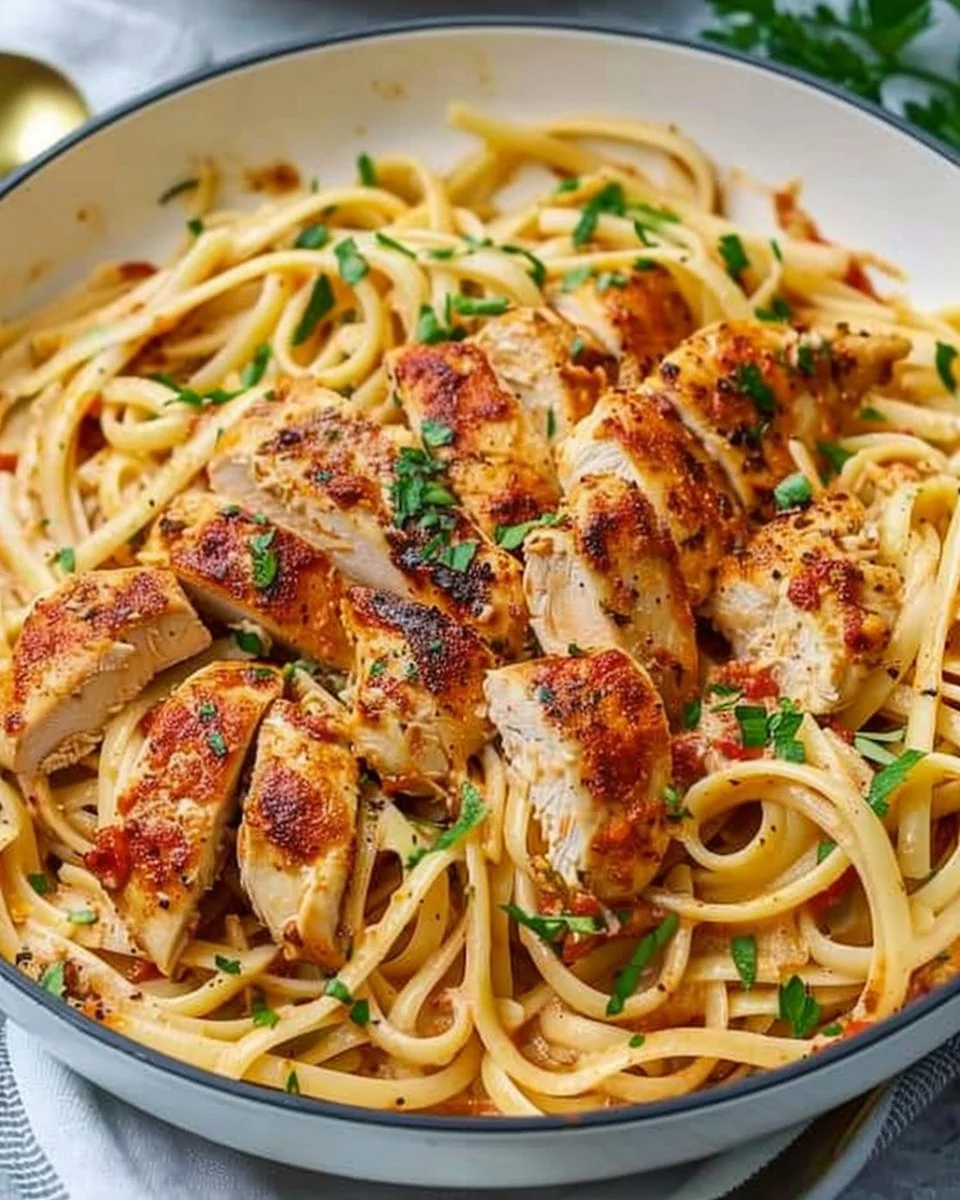 Delicious plate of easy Cajun Chicken Pasta topped with fresh herbs
