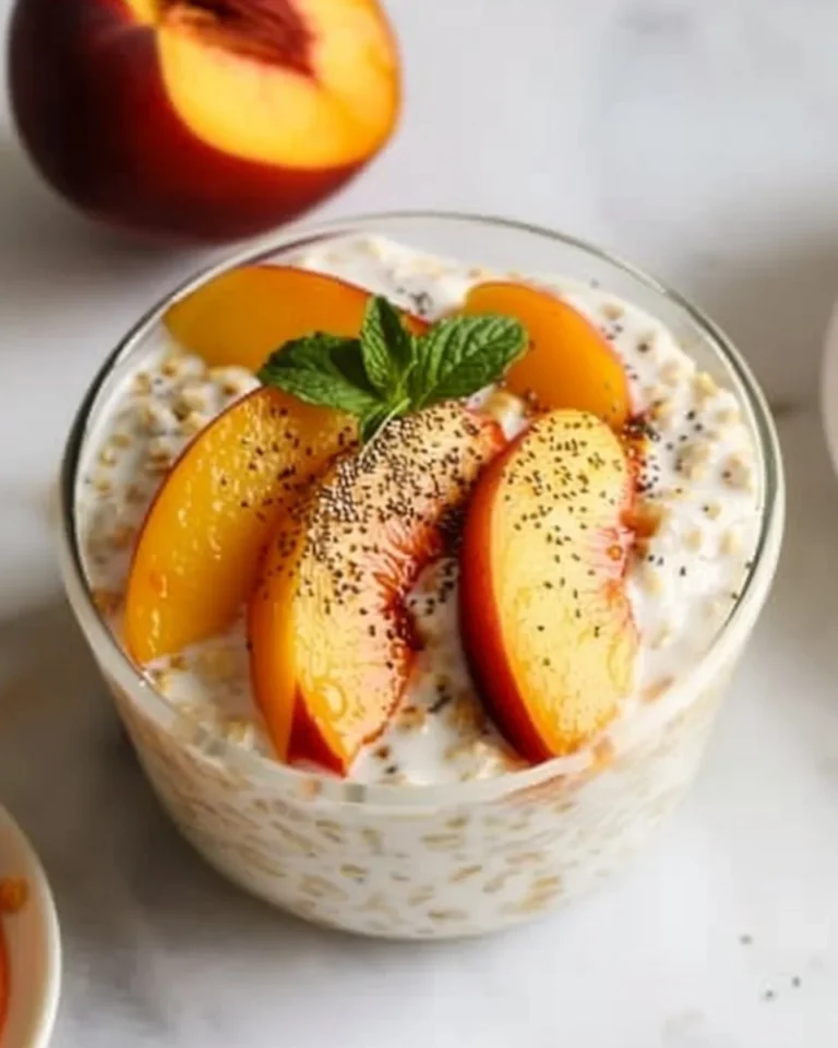 Bowl of easy peach overnight oats with Greek yogurt topped with fresh peaches