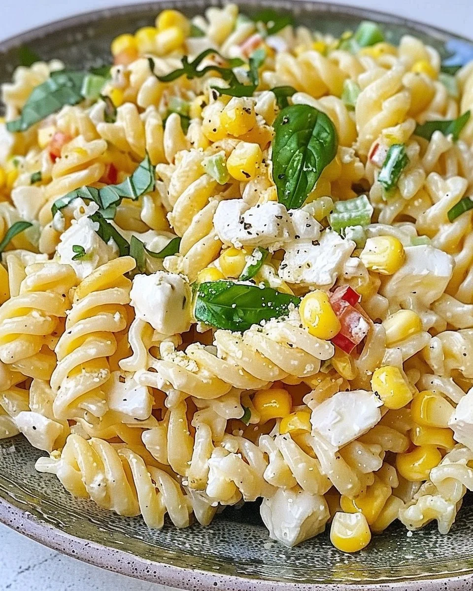 Elote pasta salad with corn, pasta, and fresh herbs in a bowl.