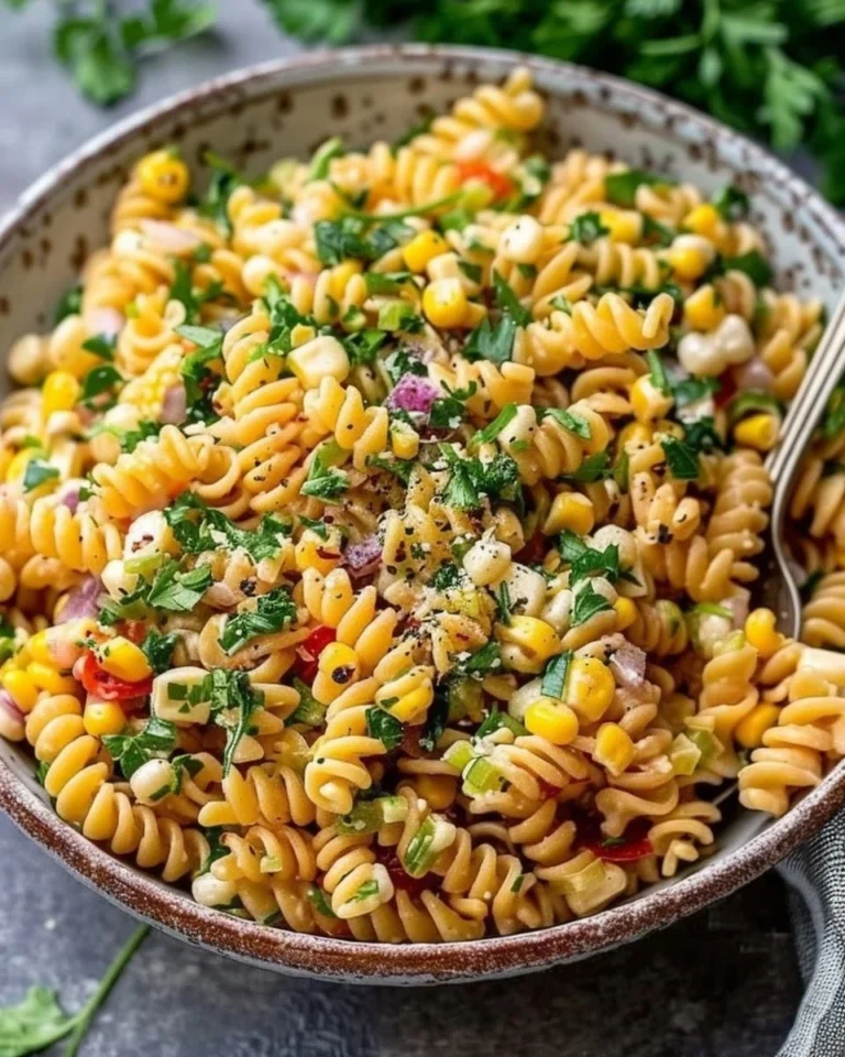 Delicious elote pasta salad served in a bowl with colorful ingredients.