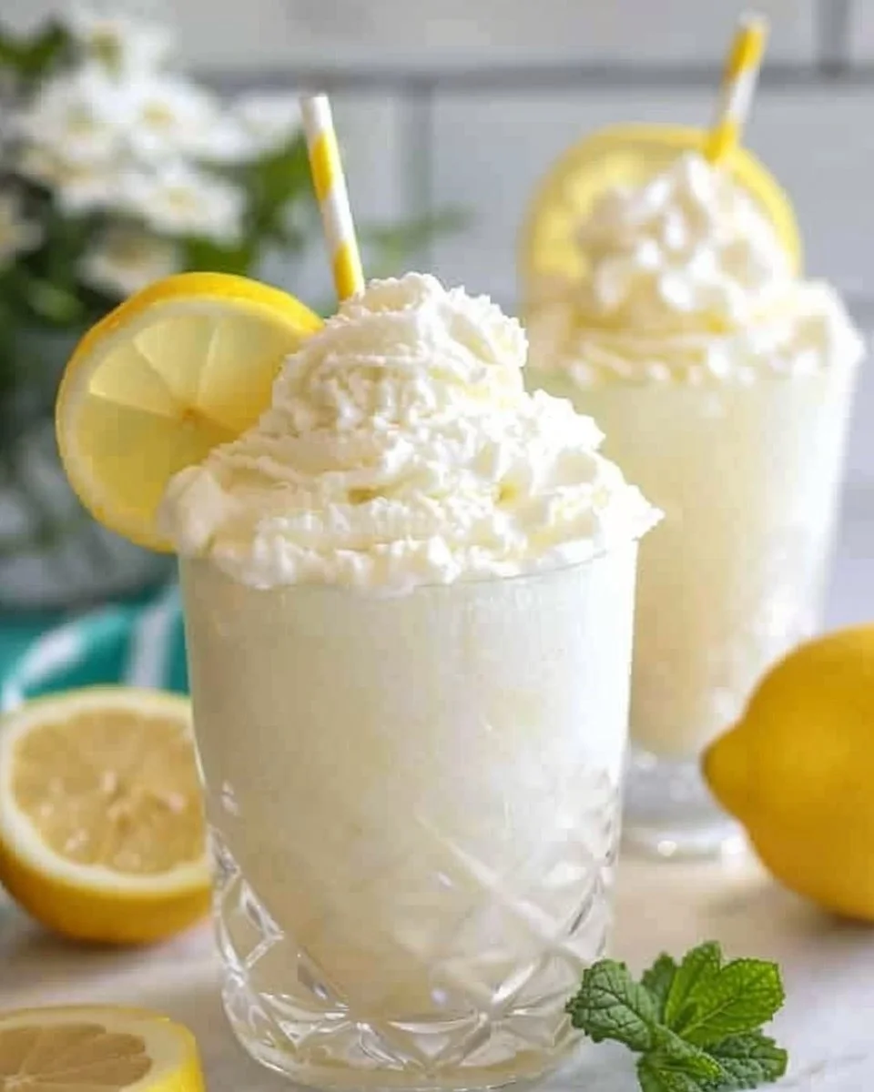 Refreshing frozen whipped lemonade in a glass with lemon slices