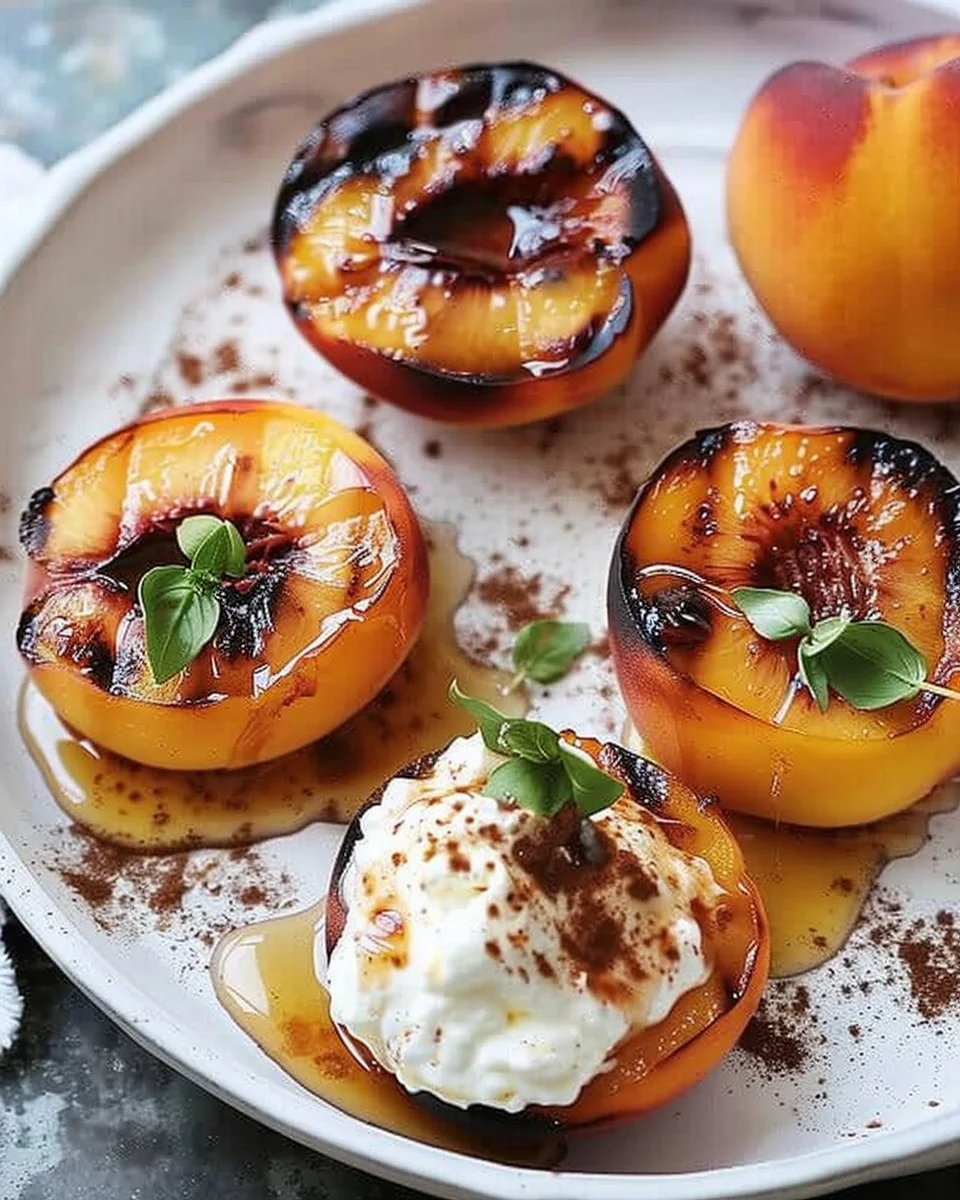 Grilled peaches served with mascarpone and honey on a white plate