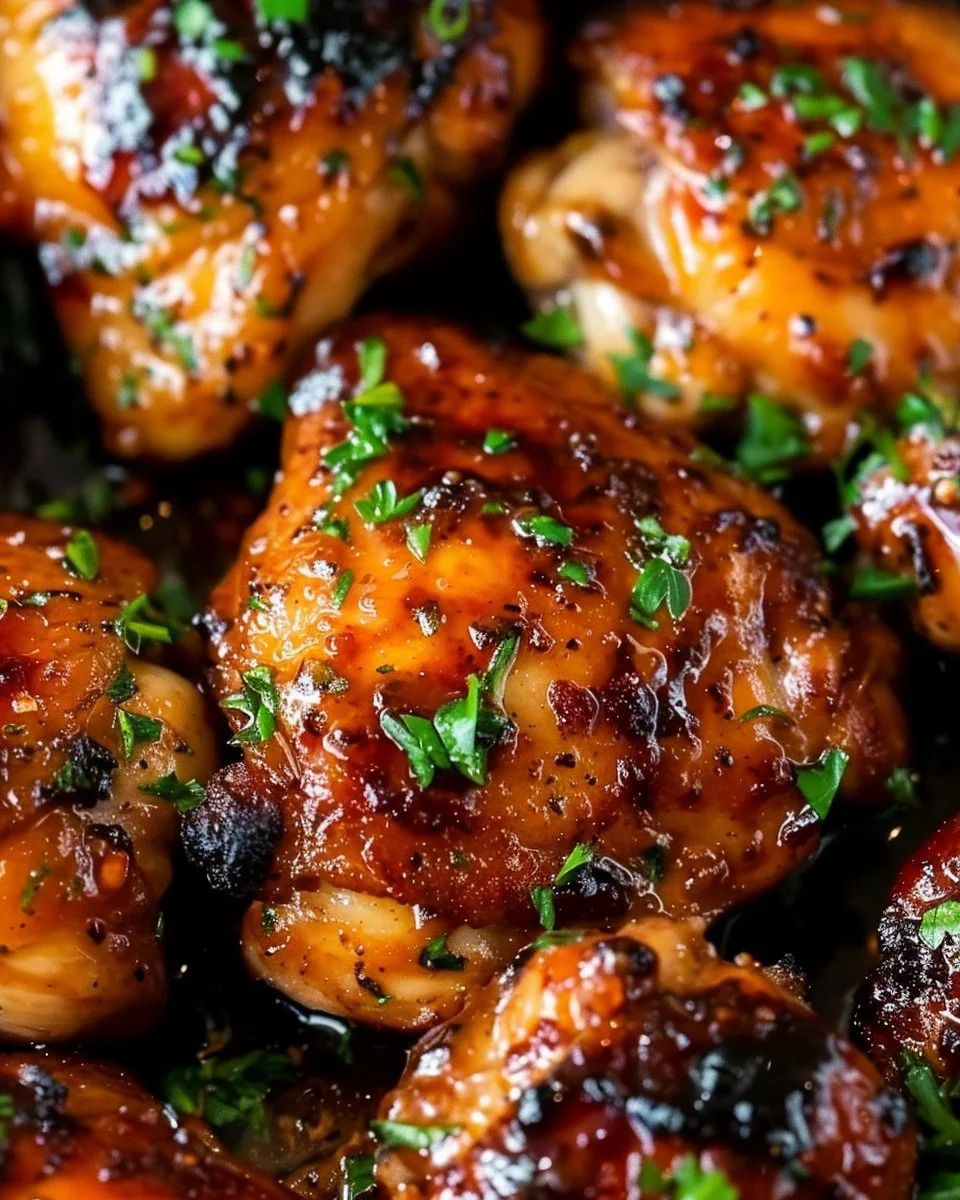 Honey Garlic Chicken Thighs with sticky glaze served on a plate