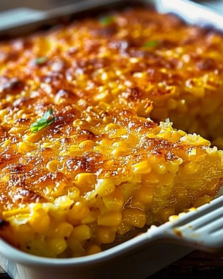 Honey glazed corn casserole dish topped with golden sweetness.