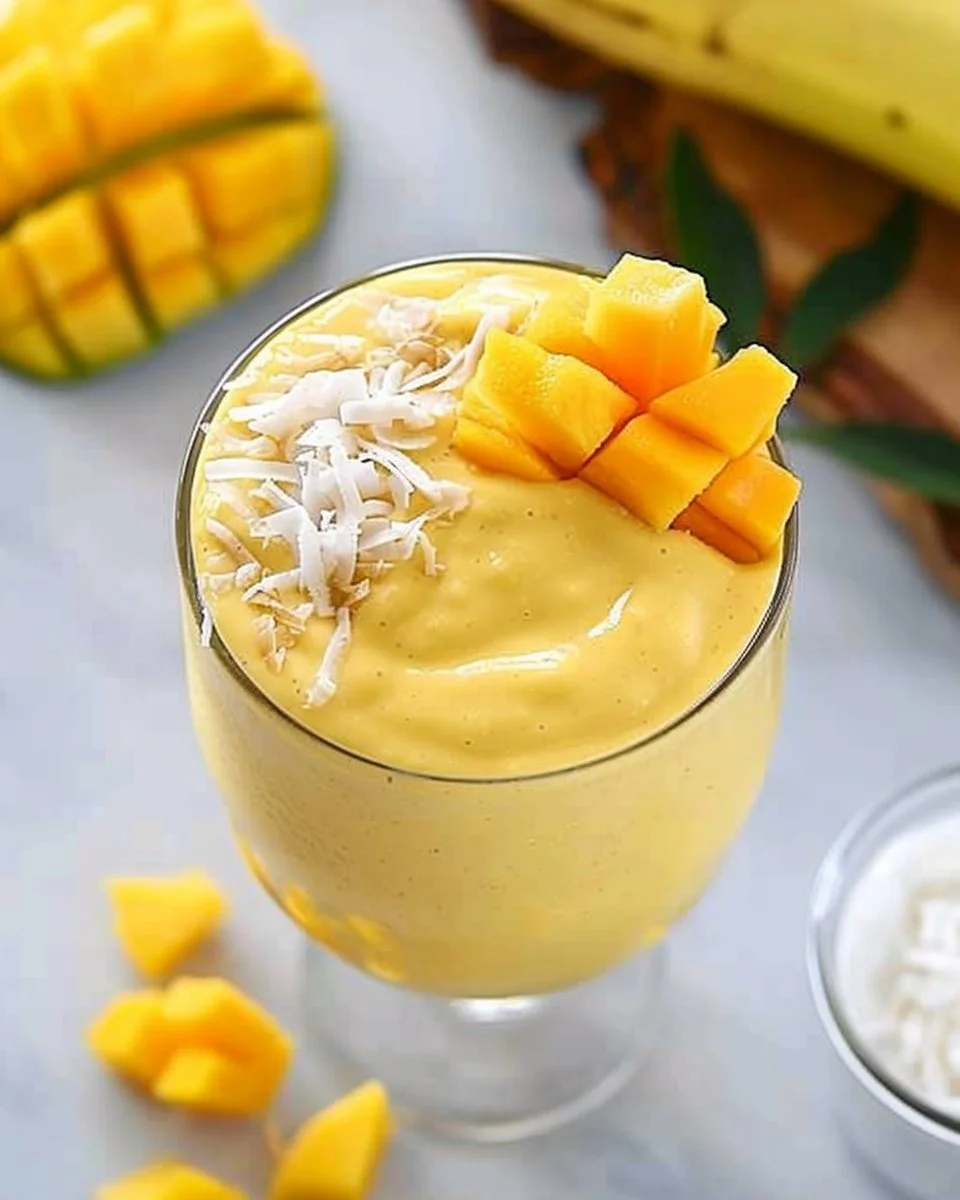 Delicious Mango Coconut Smoothie with collagen in a glass