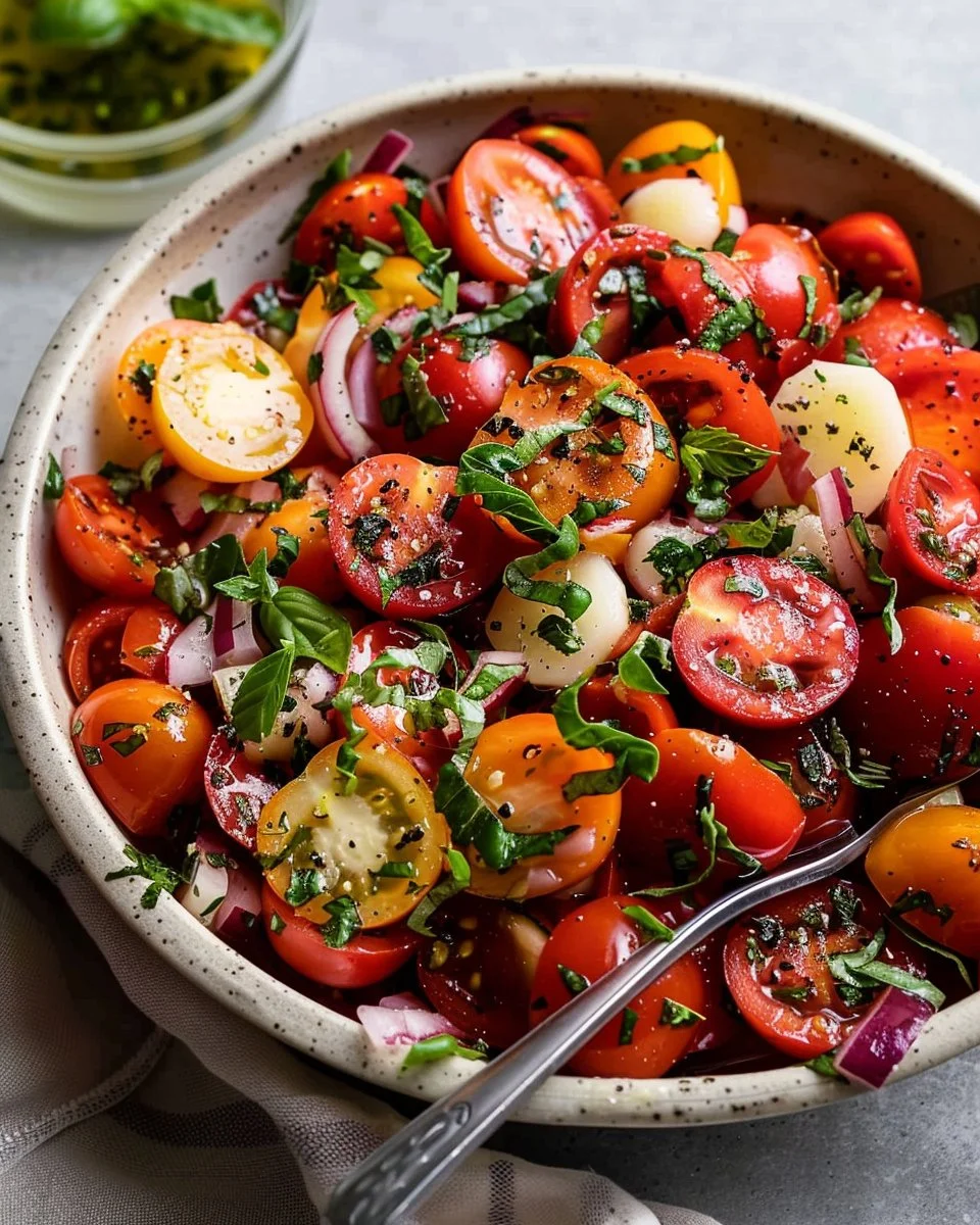 Delicious marinated tomato salad with fresh herbs and a zesty dressing