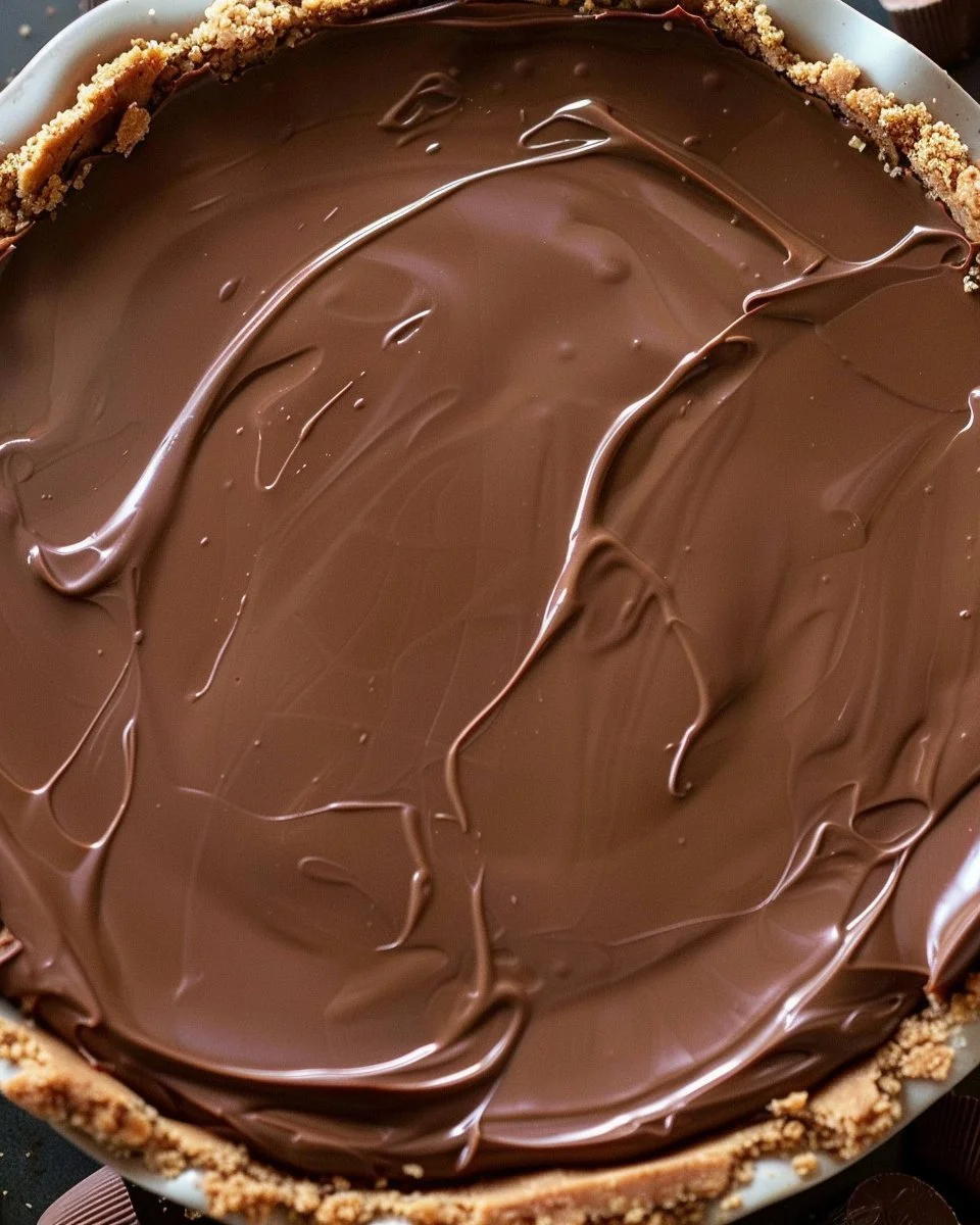 No-Bake Reese's Peanut Butter Cups Pie topped with chocolate and peanut butter.