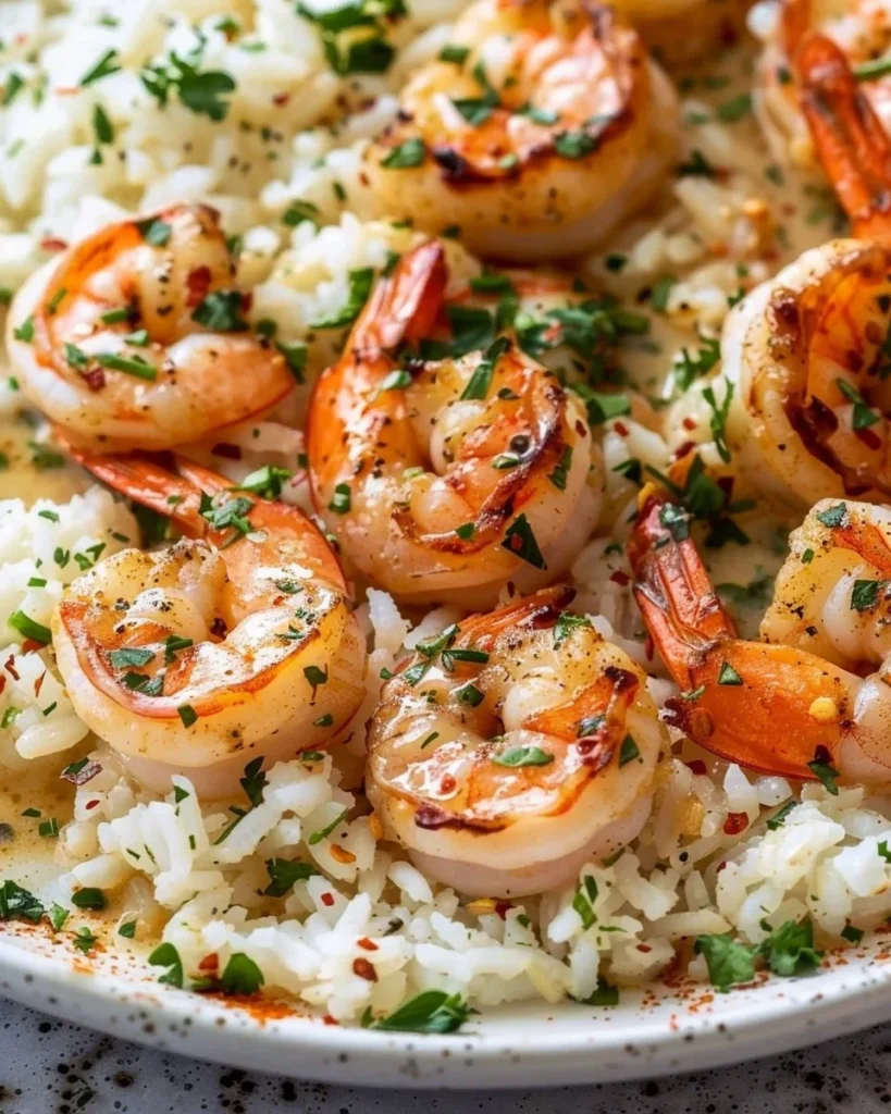 One-Pan Garlic Butter Shrimp served over rice with fresh herbs.