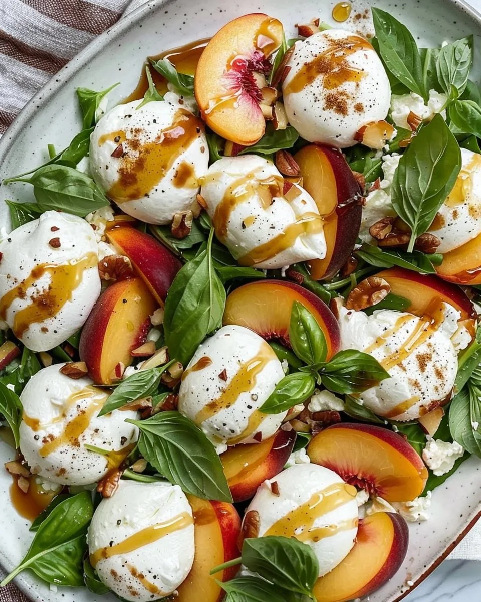 Delicious Peach Burrata Salad featuring fresh peaches and creamy cheese