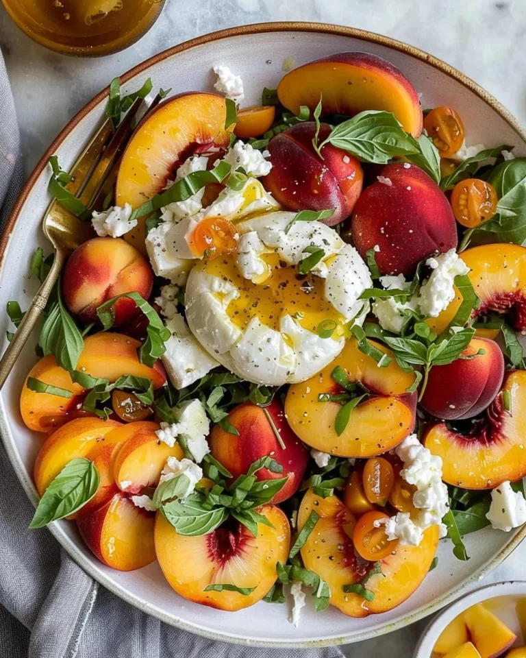 Peach Burrata Salad with Champagne Vinaigrette garnished with fresh herbs