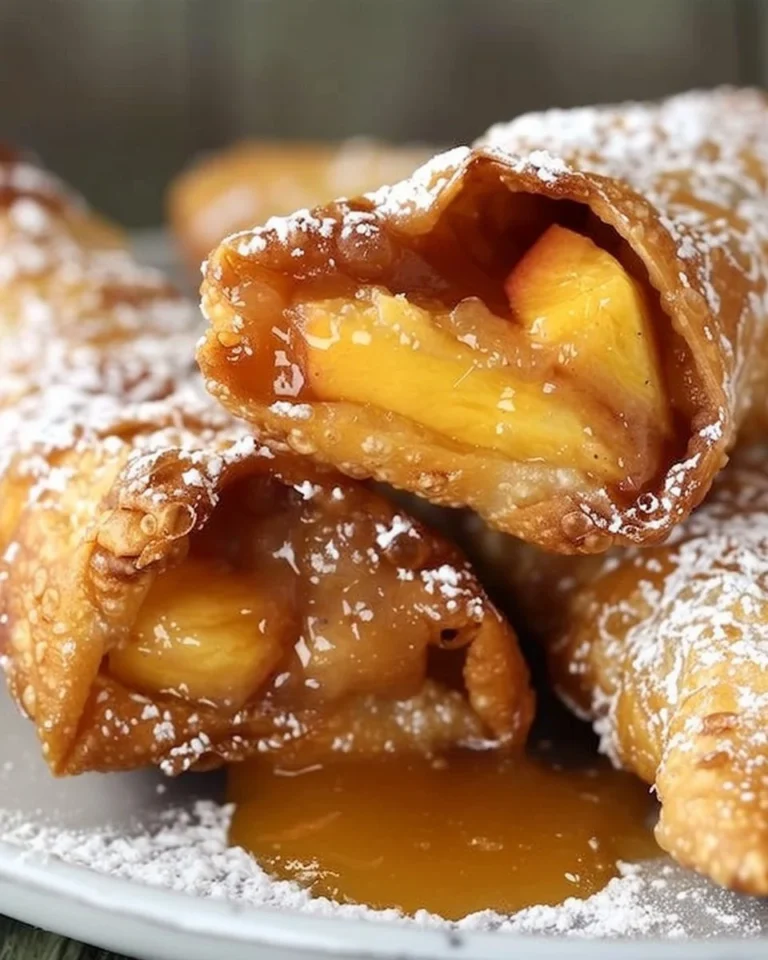 Peach Cobbler Egg Rolls on a plate, garnished with vanilla ice cream and mint.