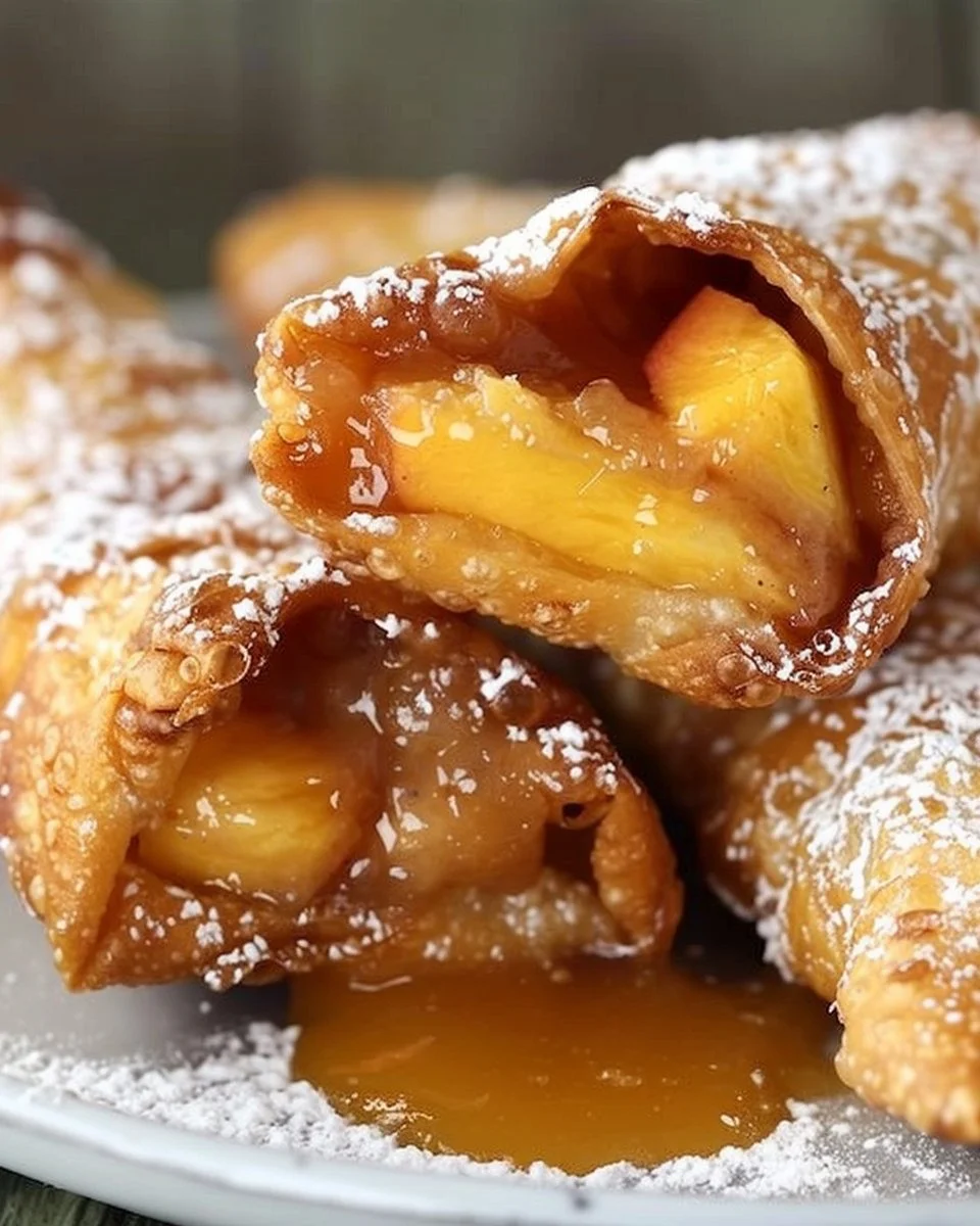 Peach Cobbler Egg Rolls on a plate, garnished with vanilla ice cream and mint.