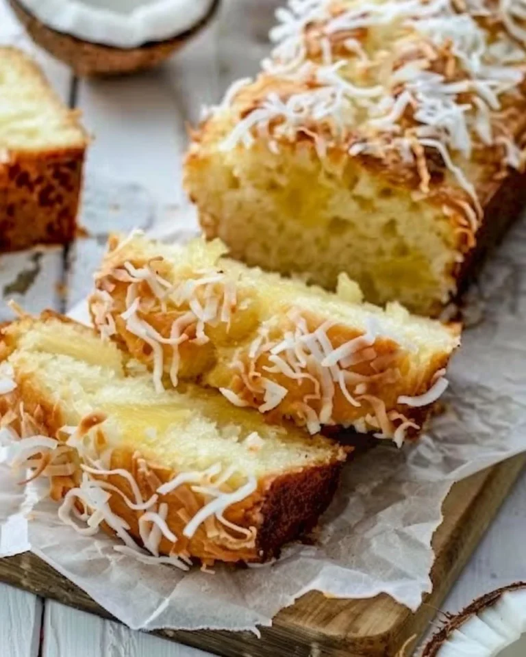 Homemade Pineapple Coconut Bread with slices on a wooden cutting board.