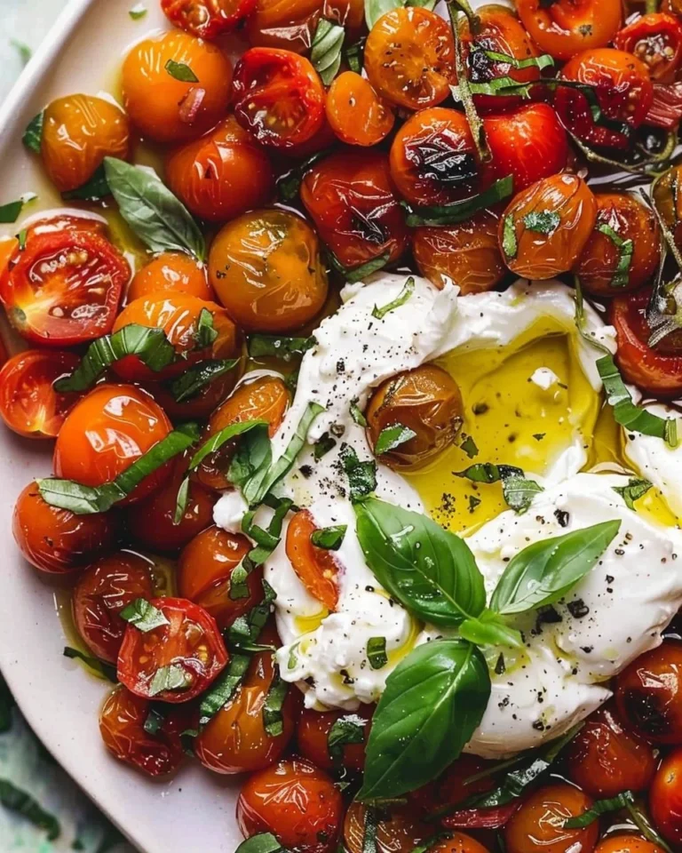 Plate of roasted tomatoes with fresh burrata cheese and herbs