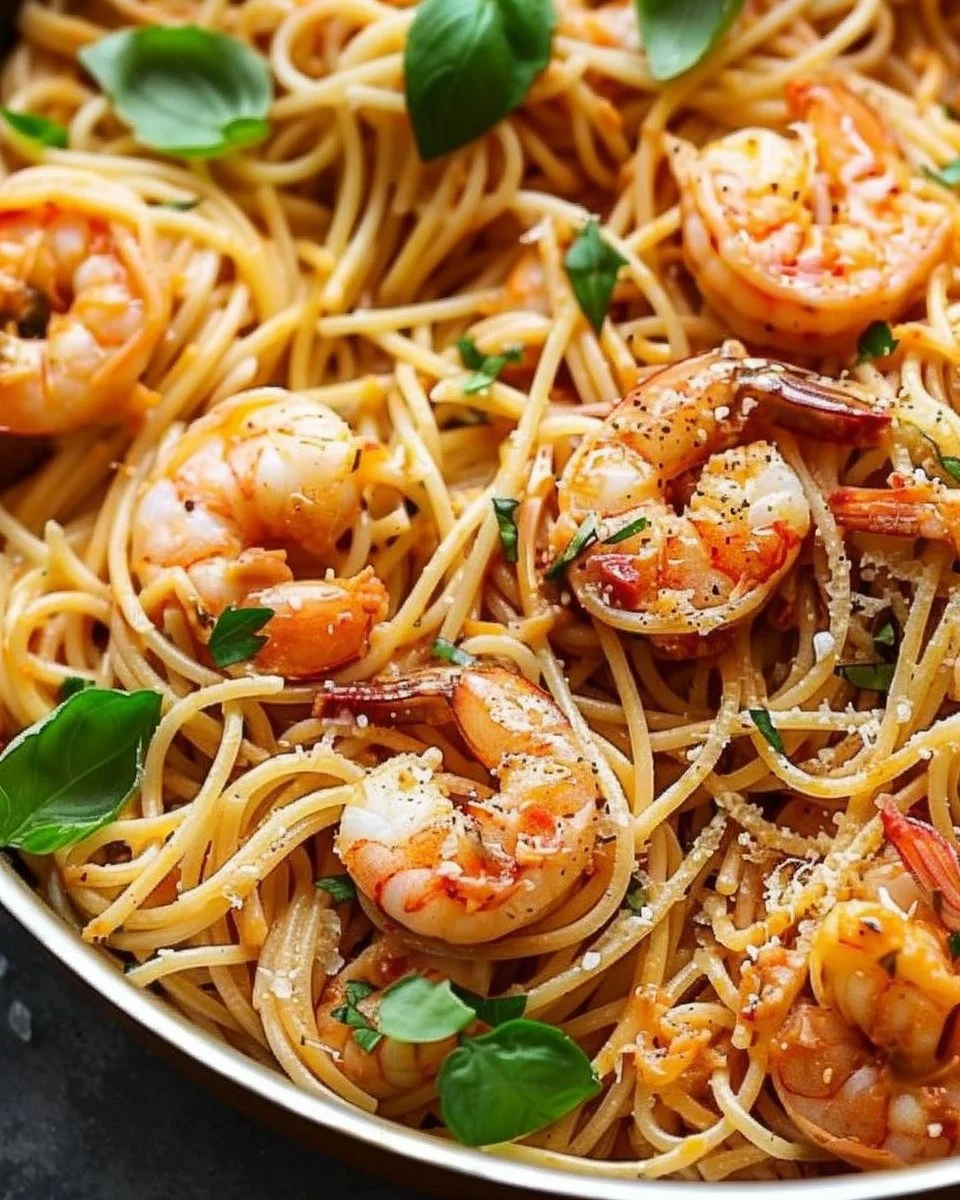 Romantic shrimp pasta dish served in a bowl with herbs and garlic
