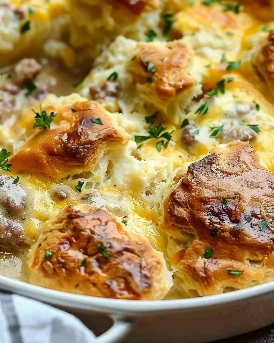 Delicious Sausage Gravy Biscuit Breakfast Bake served in a casserole dish