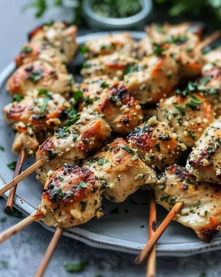 Savory Garlic Parmesan Chicken skewers ready for grilling