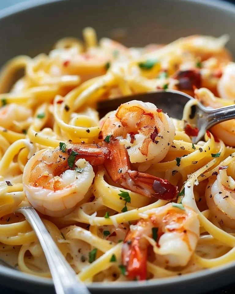 Delicious shrimp pasta recipe served in a white bowl with herbs and parmesan.