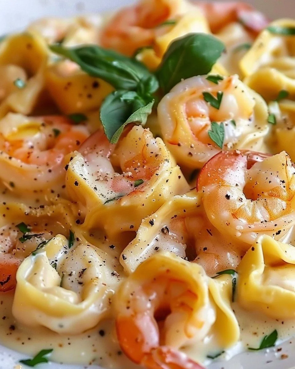 Delicious Shrimp Tortellini Alfredo in a creamy sauce