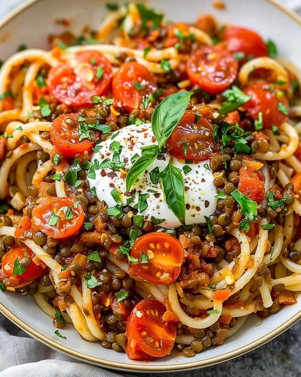 Spiced lentil pasta served with fresh herbs and spices