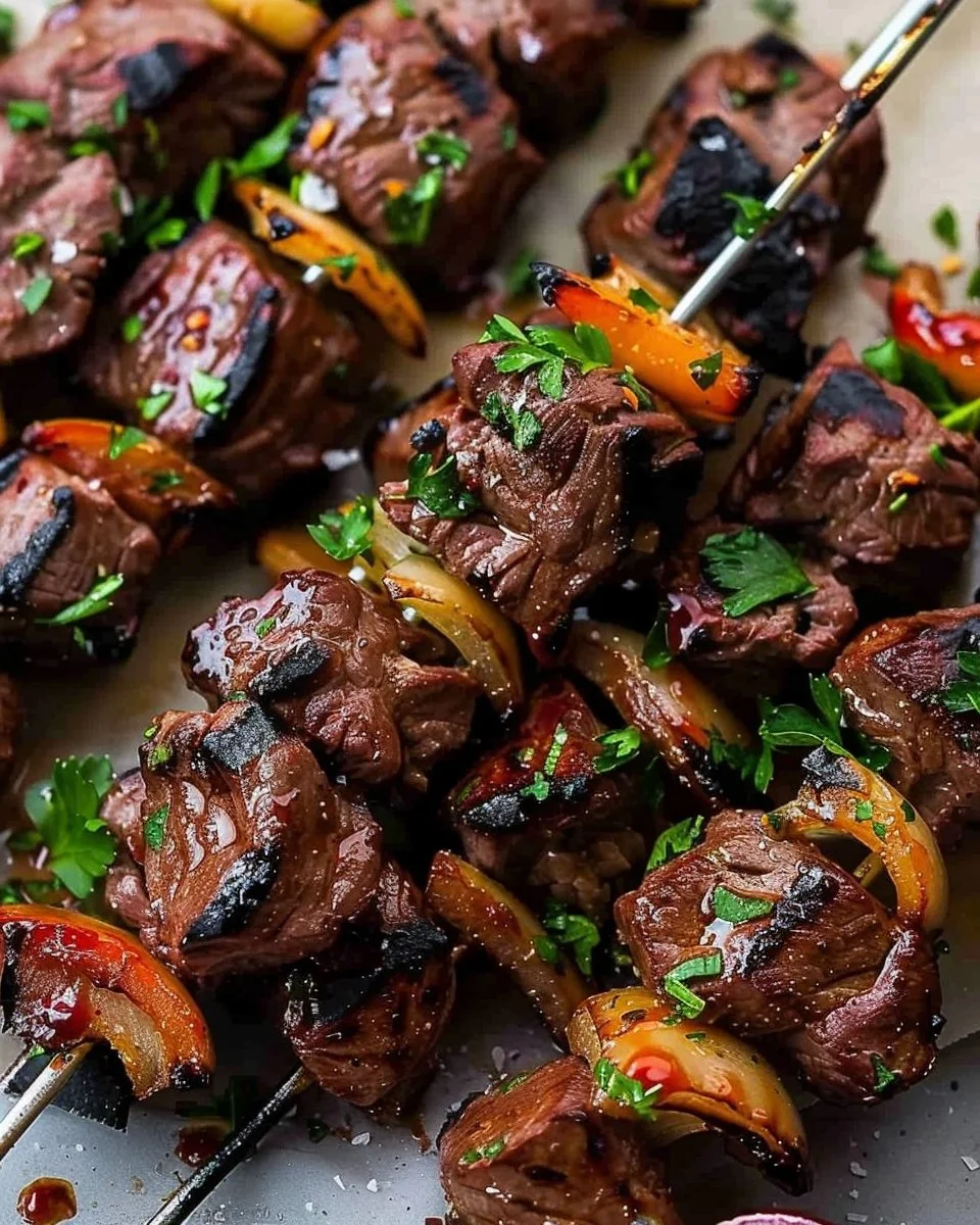 Grilled steak kabobs with colorful vegetables on a skewer