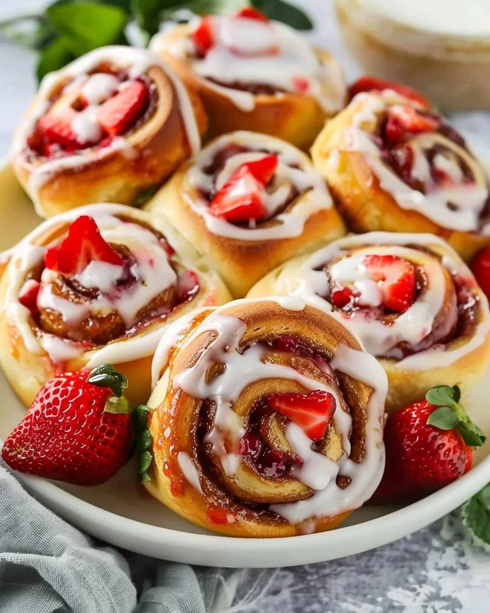 Delicious homemade strawberry cinnamon rolls on a baking tray