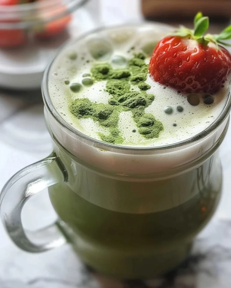 Homemade Strawberry Matcha Latte in a glass with fresh strawberries