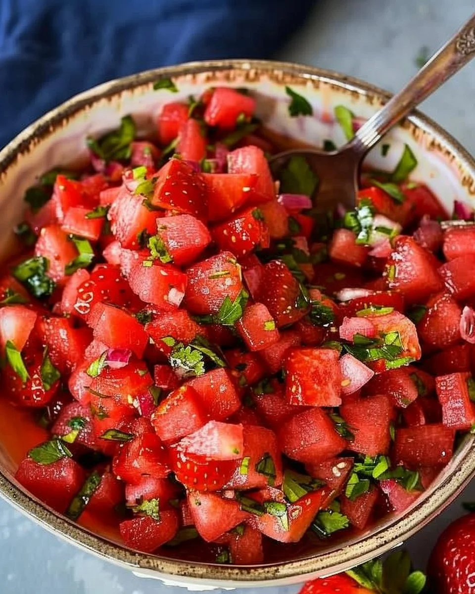 Strawberry Watermelon Salsa served in a colorful bowl with fresh ingredients.