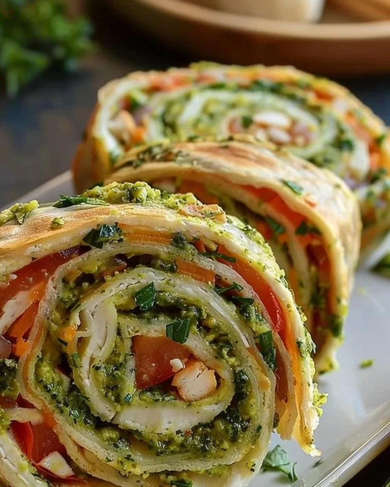 Turkey Pesto Pinwheel Wraps garnished with fresh basil and cherry tomatoes