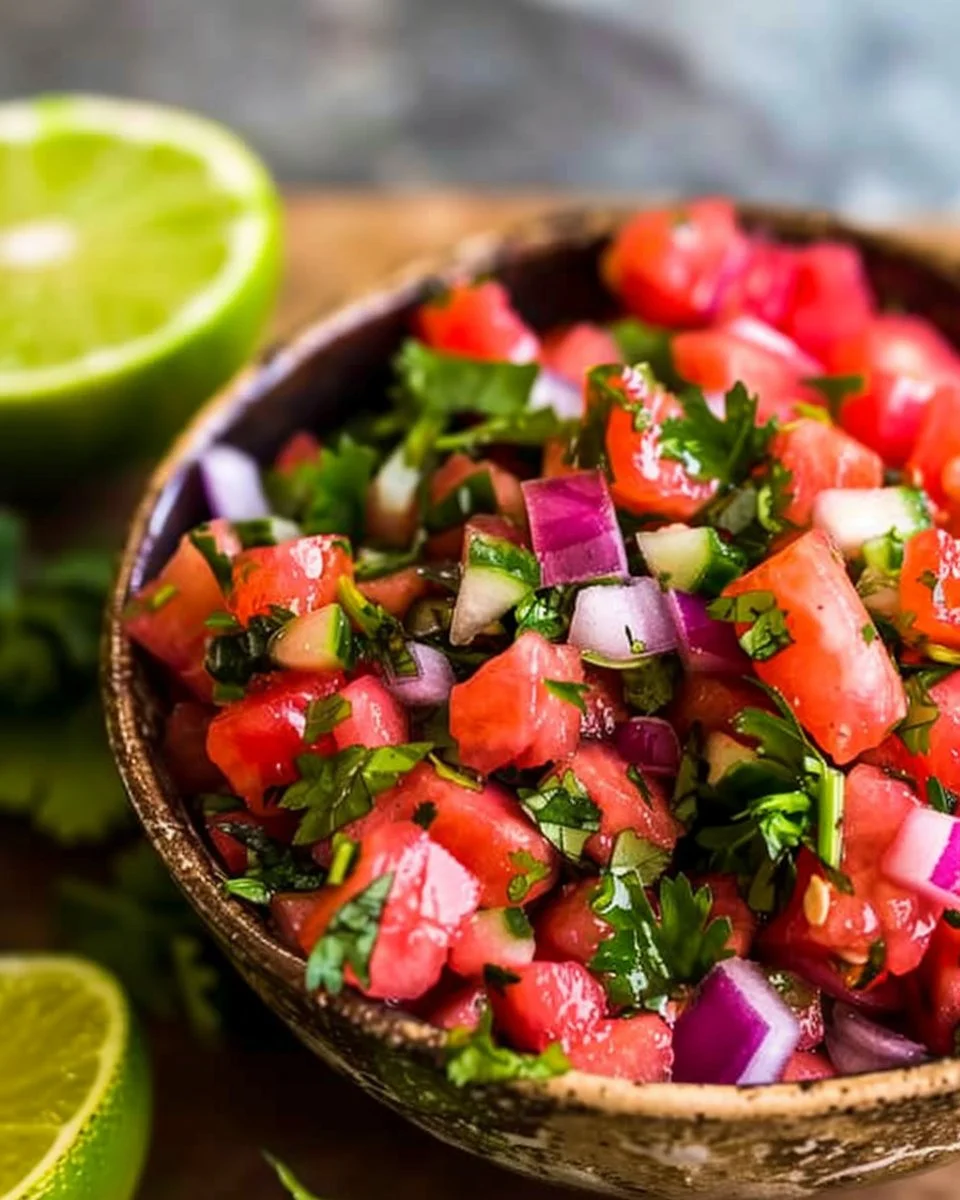 Bowl of colorful Watermelon Salsa with chopped vegetables and cilantro