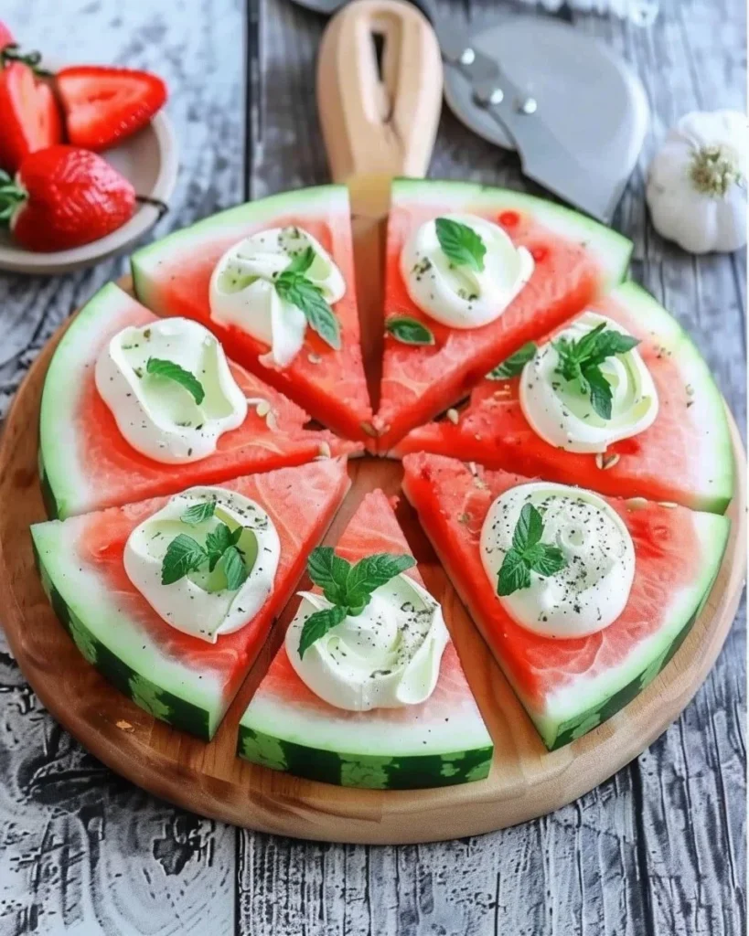 A vibrant watermelon pizza topped with fresh fruits and mint leaves.