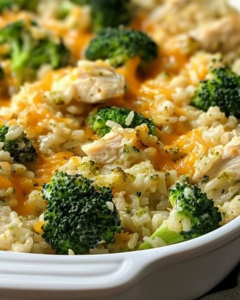 Cheesy chicken and rice casserole with broccoli served in a baking dish.