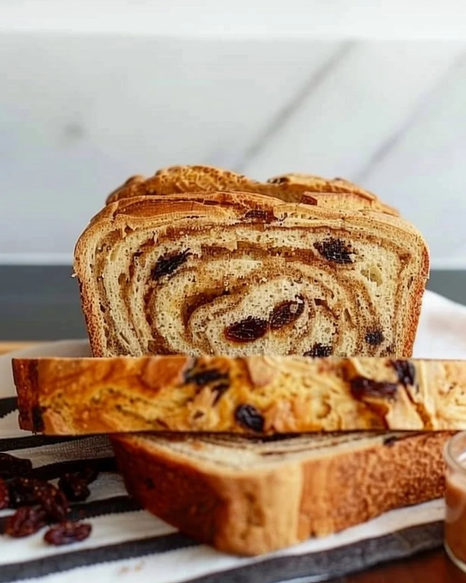 Loaf of freshly baked cinnamon raisin bread with swirls of cinnamon and raisins.