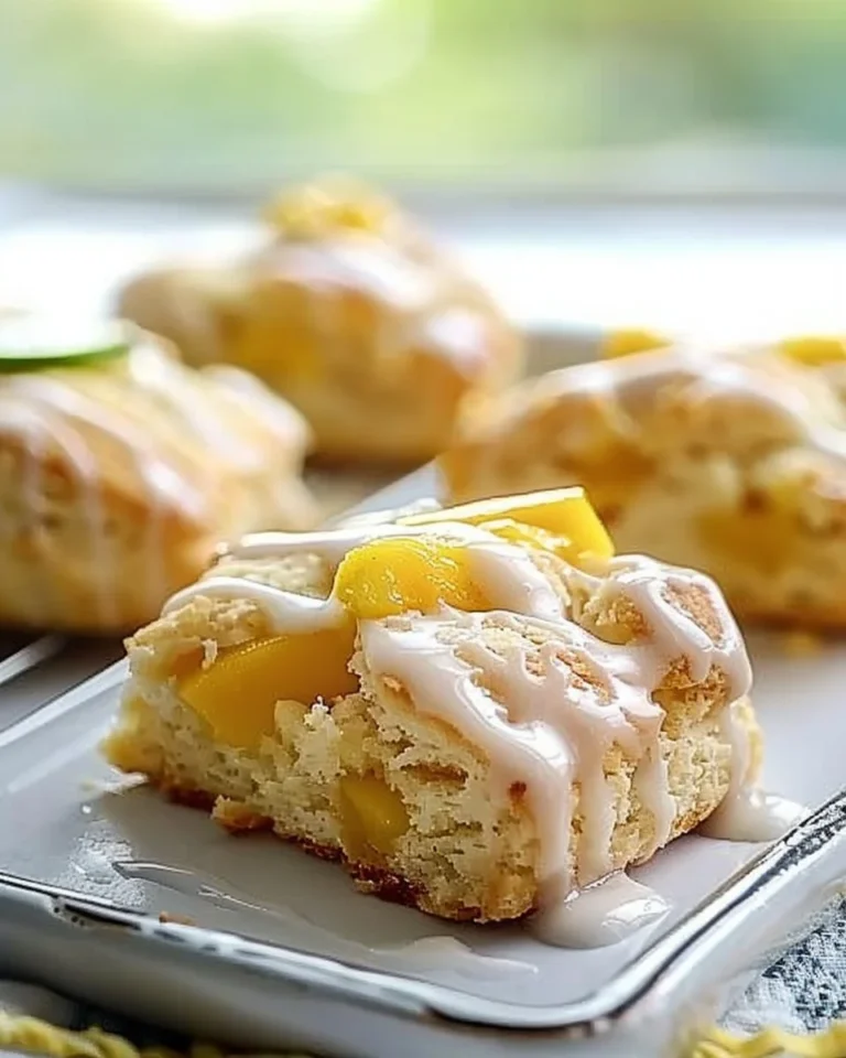 Coconut Mango Scones drizzled with Lime Glaze on a rustic wooden board