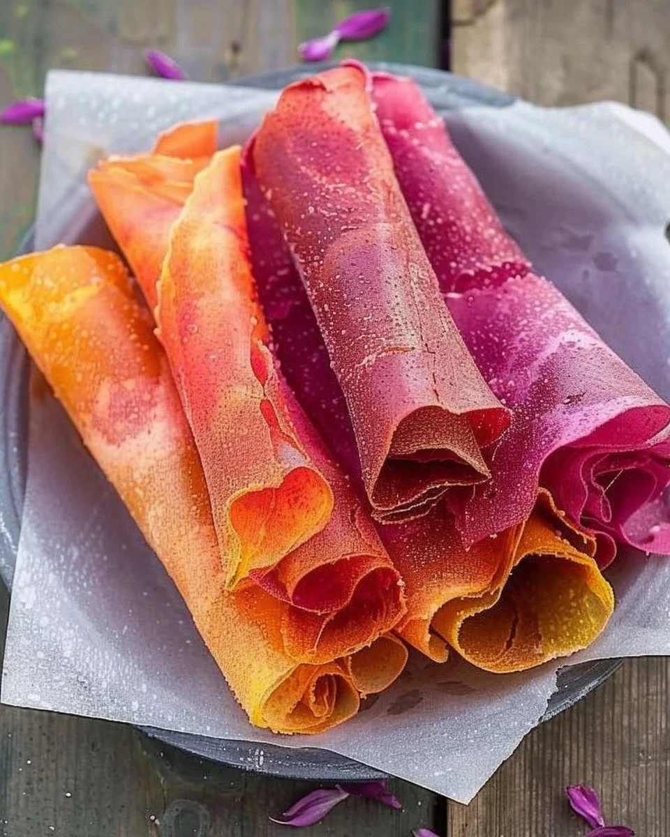 Colorful homemade tie-dyed fruit leather made from fresh fruits