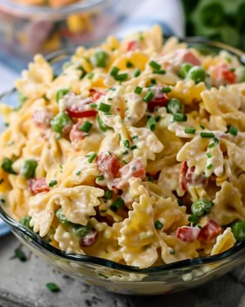 Creamy bowtie pasta salad with vegetables and dressing in a white bowl