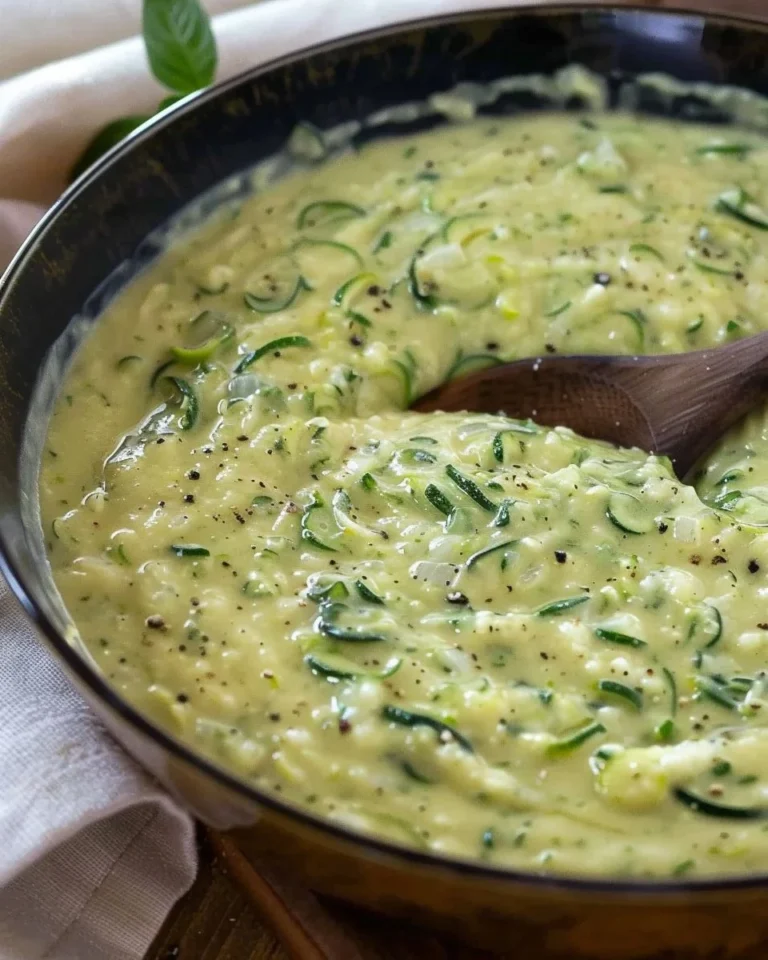 Creamy zucchini sauce served with pasta on a white plate