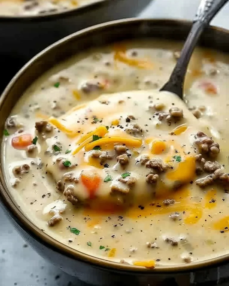 Hearty Crock-Pot cheeseburger soup with cheese and beef in a bowl