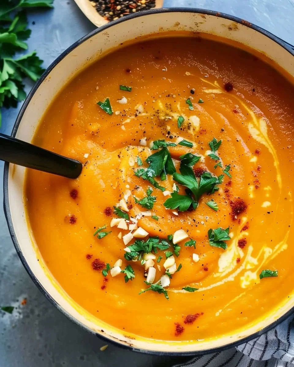Cumin-spiced roasted root vegetable soup garnished with fresh herbs