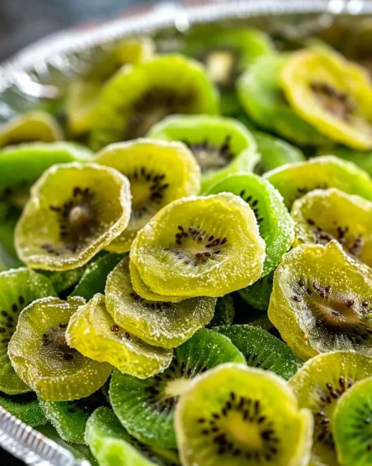 Bowl of vibrant dried kiwi slices, a healthy snack option rich in flavor and nutrients.