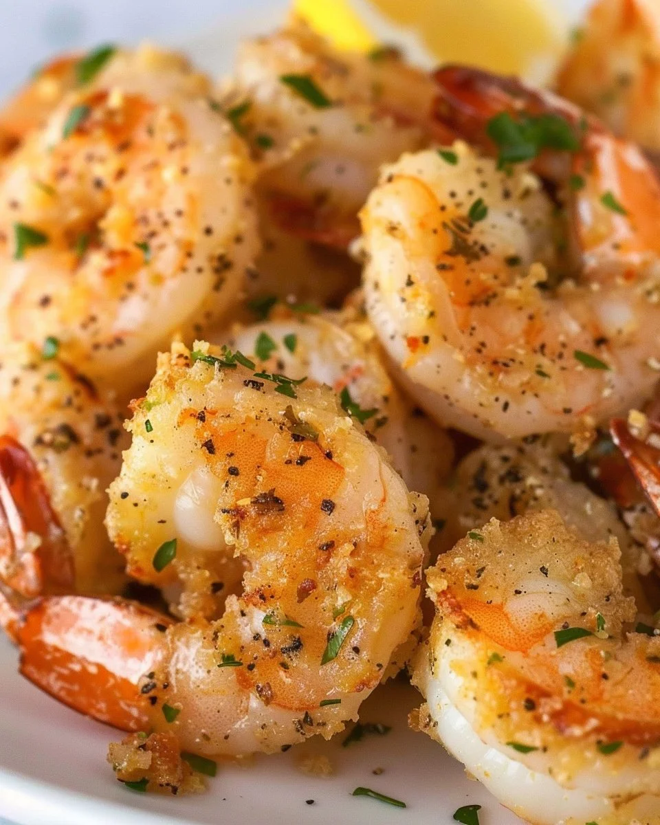 Air fryer Garlic Parmesan Shrimp with seasoning and herbs
