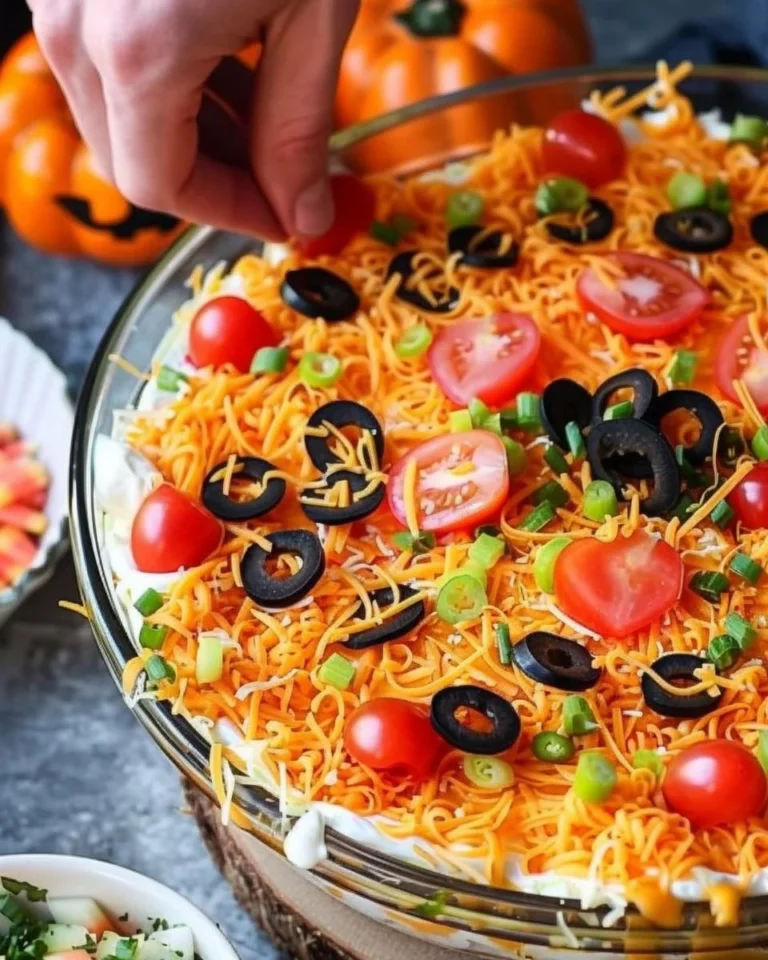 Colorful Halloween 7-layer dip served in a festive bowl