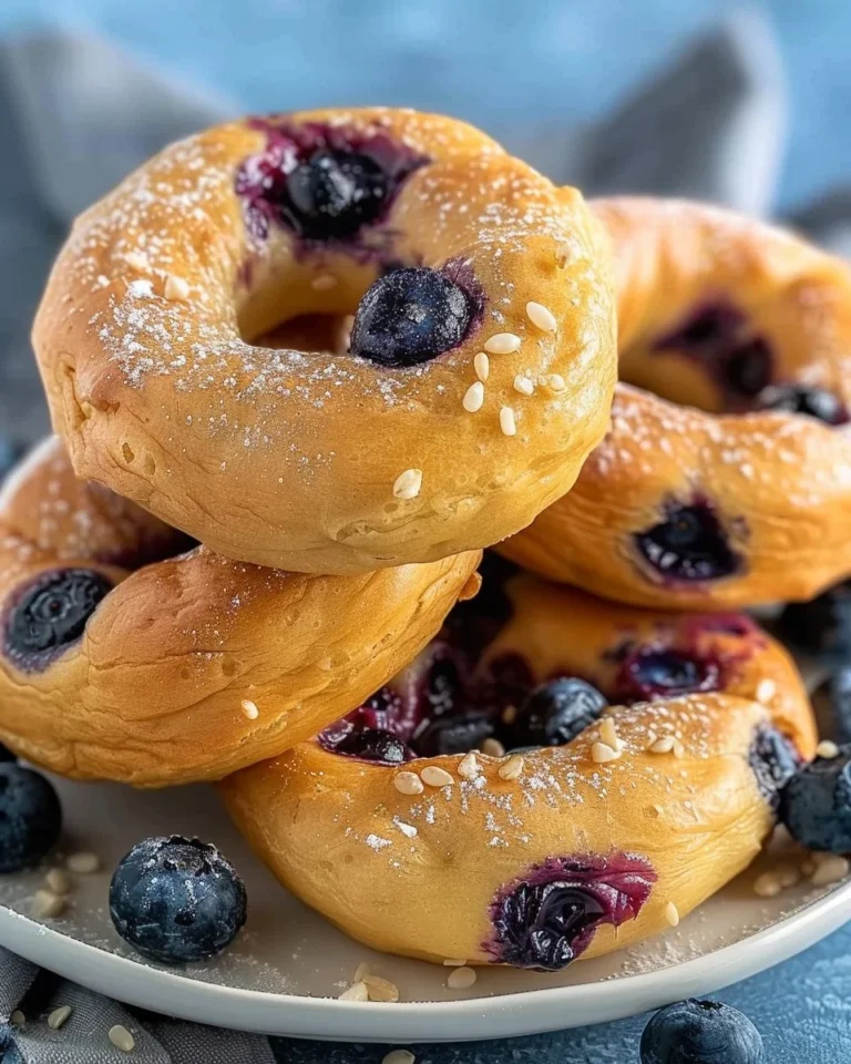 Freshly baked blueberry yogurt bagels on a wooden table