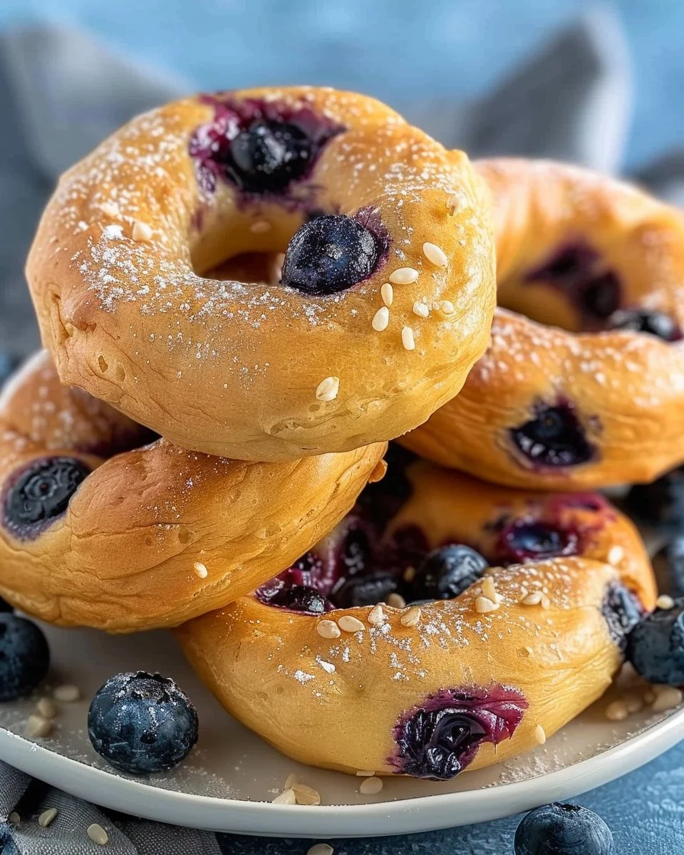 Freshly baked blueberry yogurt bagels on a wooden table