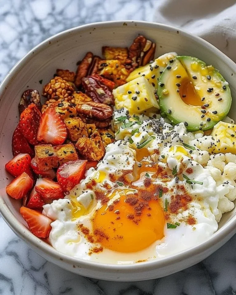 High-protein breakfast bowl with eggs, quinoa, and fresh vegetables