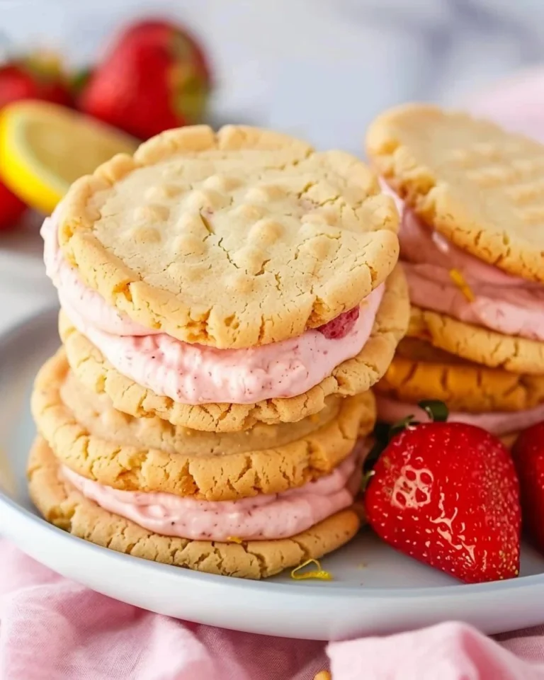 Lemon sandwich cookies with strawberry frosting on a wooden plate