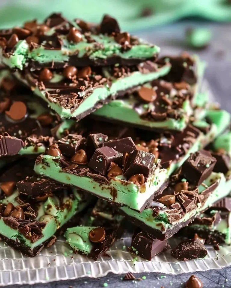 Mint chocolate cookie bark on a wooden table, garnished with mint leaves.