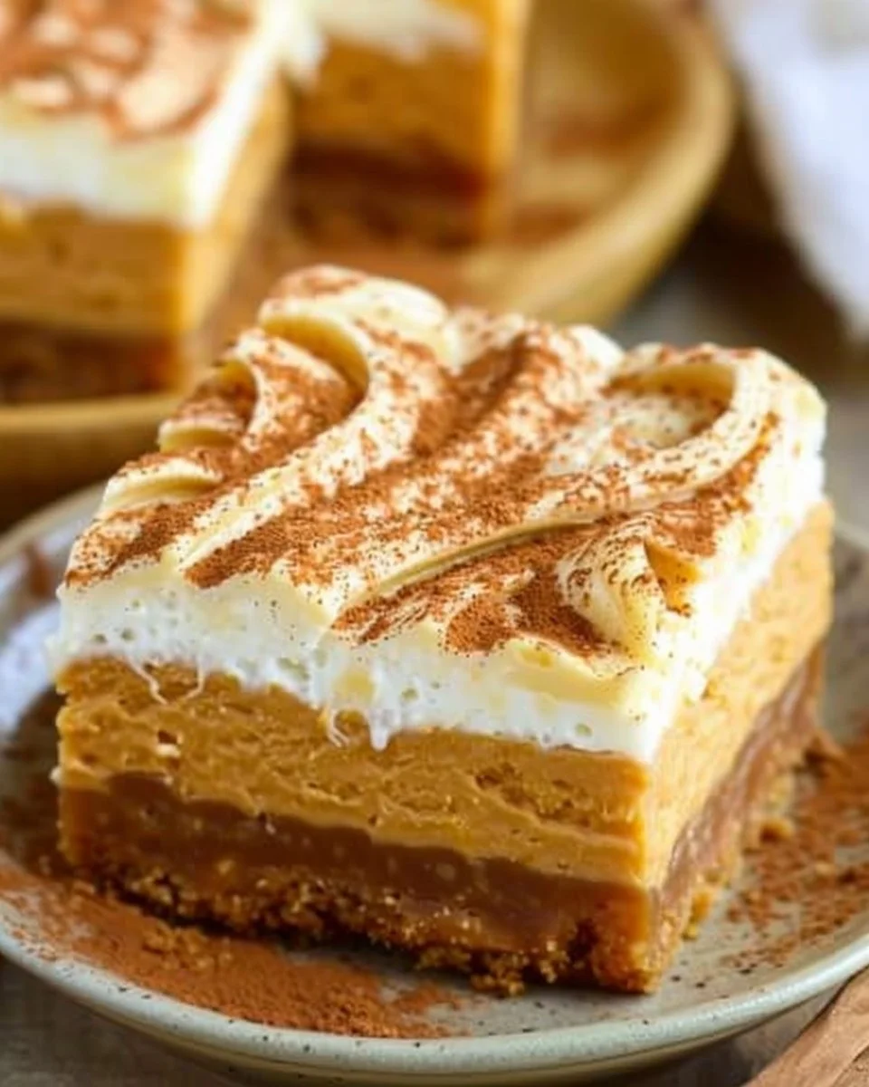 Delicious pumpkin cheesecake bars topped with whipped cream and cinnamon.