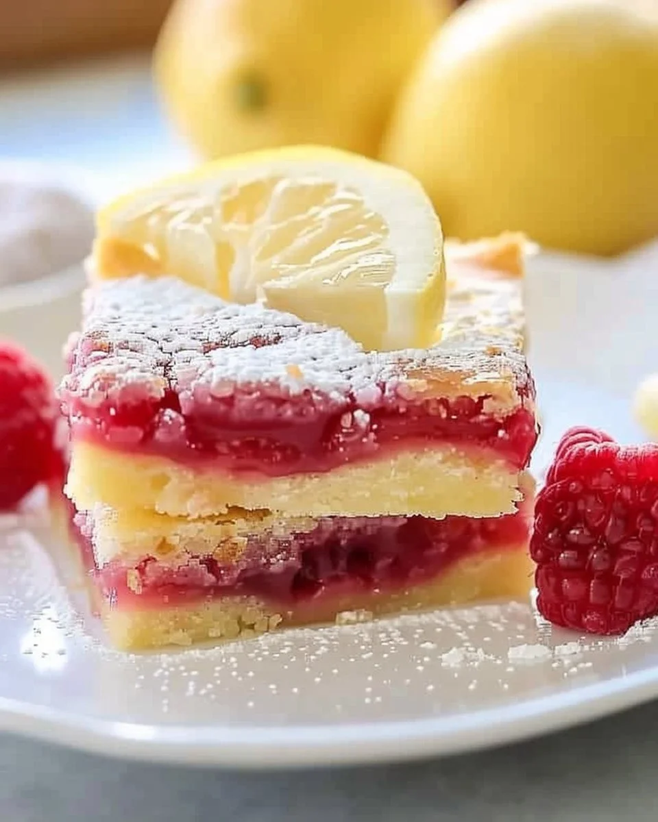 Delicious raspberry lemon bars on a white plate, garnished with fresh raspberries.